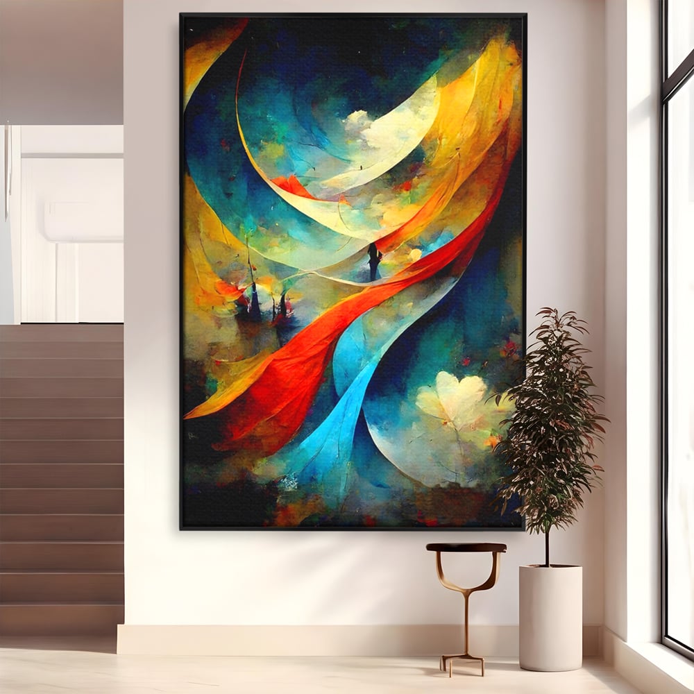 Tablou canvas cu pictura abstracta cu valuri colorate, in rama de aluminiu negru